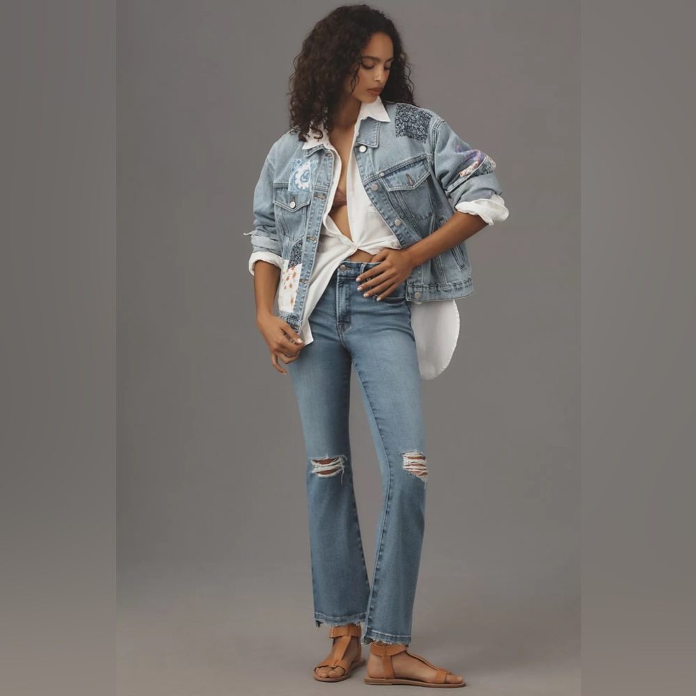 Good American Light Blue Distressed Cropped Mini Bootcut Jeans